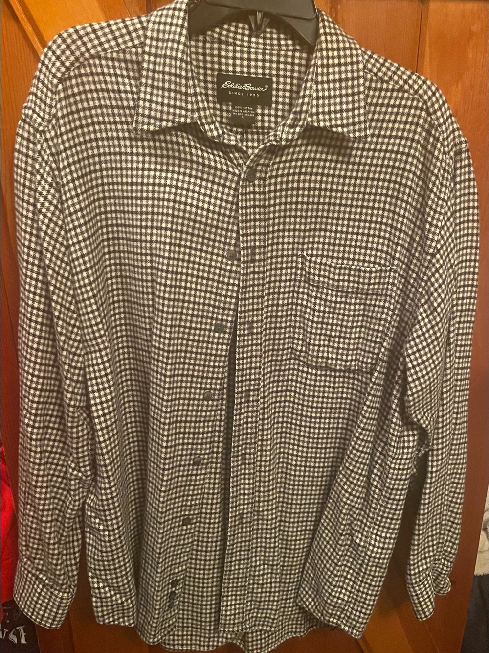 Eddie Bauer Men Vintage Large Button-Down Shirt Black White Gingham Long Sleeve